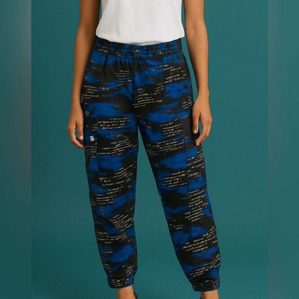 Kreamy Blue and Black Camouflage Style Women's Joggers with Text Detail‎